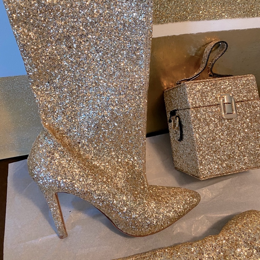 Gold Glitter Knee High Boots & Box Handbag Set